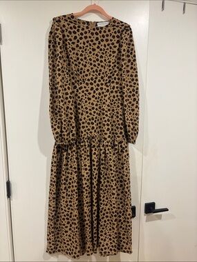 Never Fully Dresser Long Sleeve Leopard Print Midi Dress - drop waist